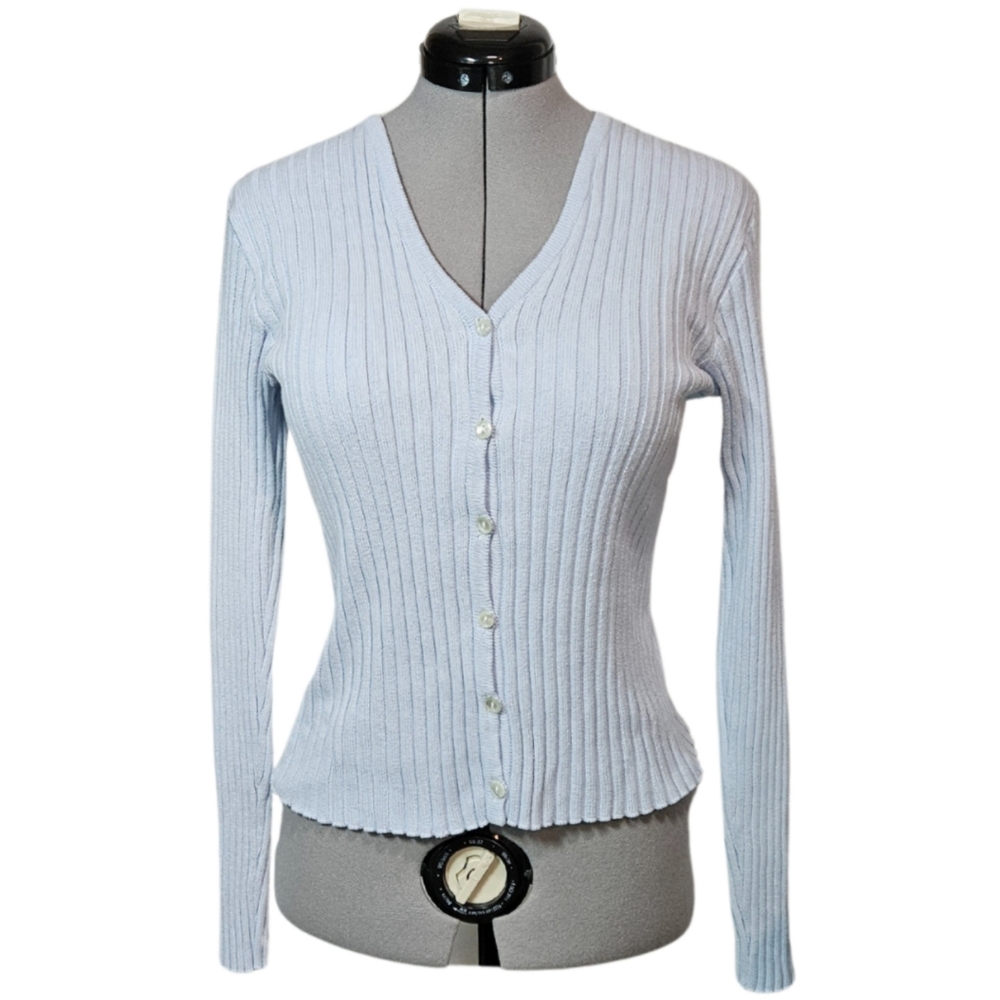 Hennes Women's SIZE M Knit Button-Down V-Neck Cardigan Sweater in Pastel Blue